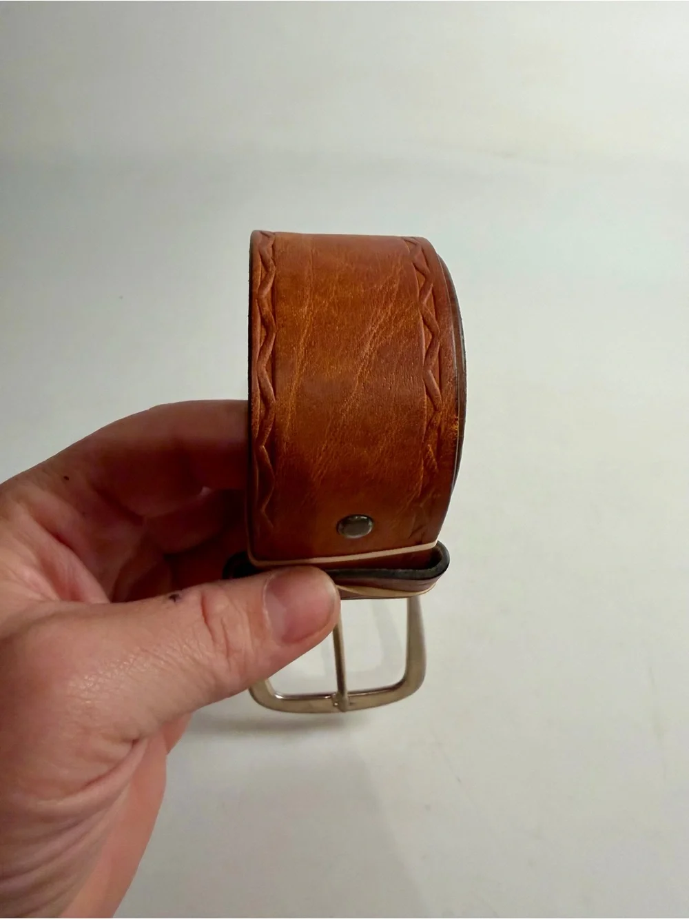 VTG Devonshire 34 1.5” Moccasin Elk Leather Belt Top Grain Silver Brass Buckle